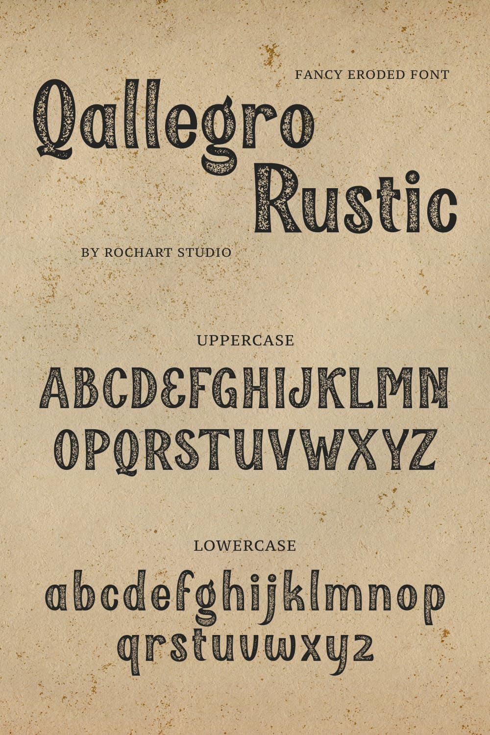 Qallegro rustic free font Pinterest lowercase and uppercase preview.