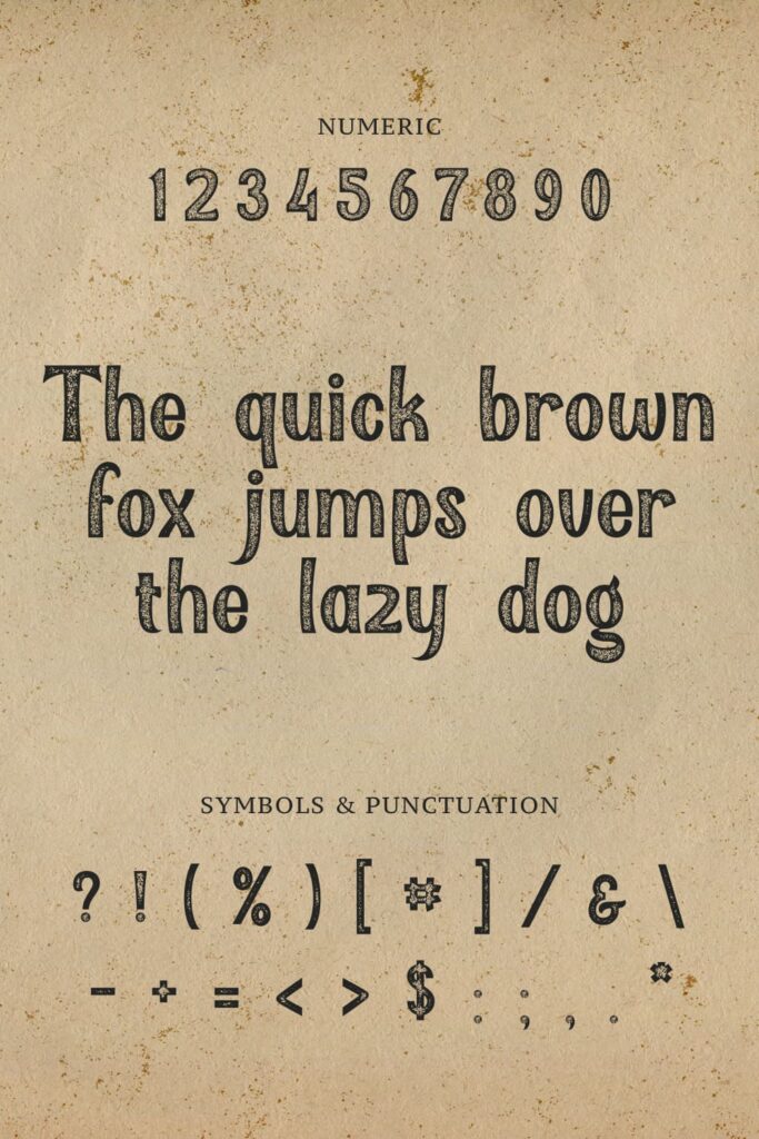 Qallegro rustic free font Pinterest preview with numeric, symbols and punctuation.