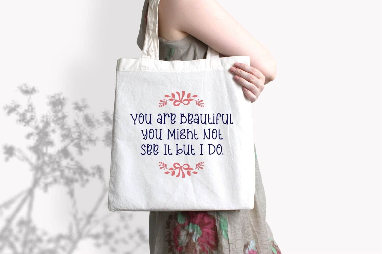 quesited beautiful quirky handwritten font bag print example.