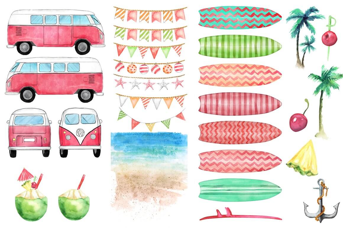 Clipart Red vw bus, surfboards, palm trees, pineapple, cocktail in coconut and sea.