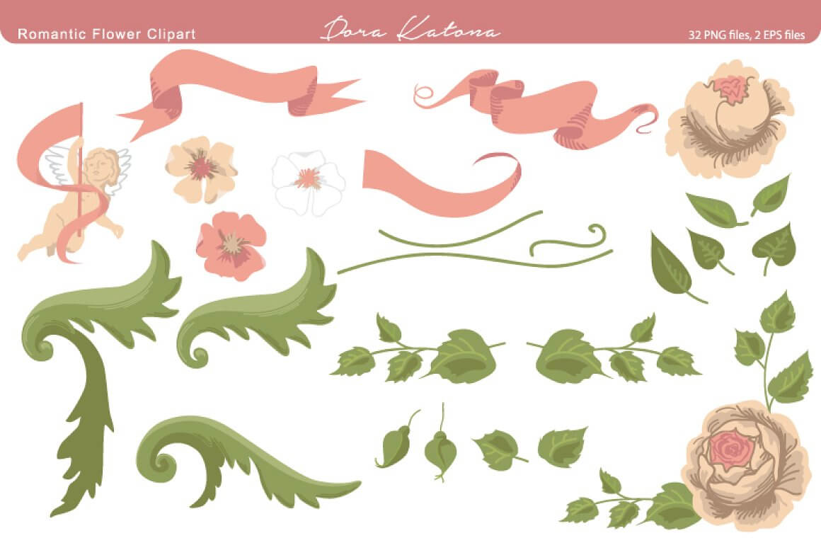 Elements of romantic flowers: ribbons, leaves, flowers.