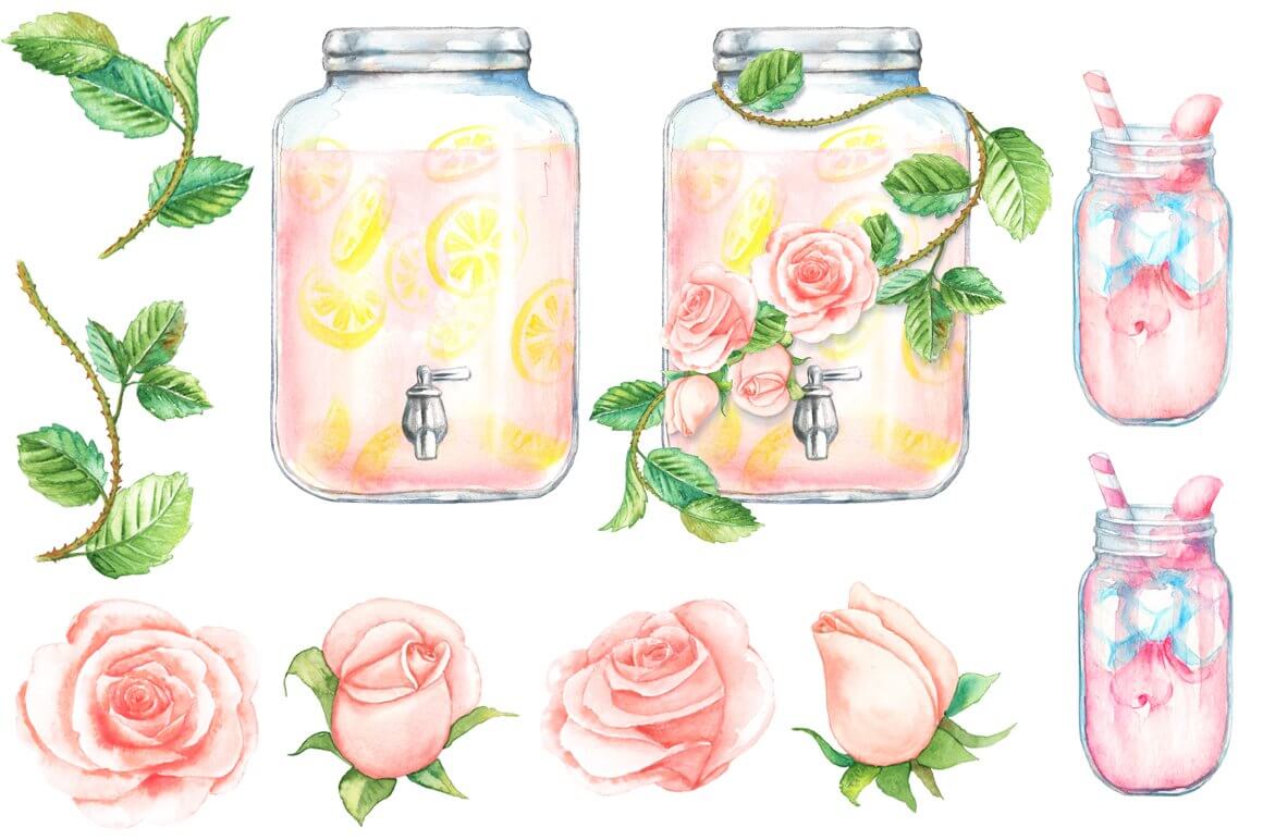 Two large jars and two smaller jars of rose lemonade.