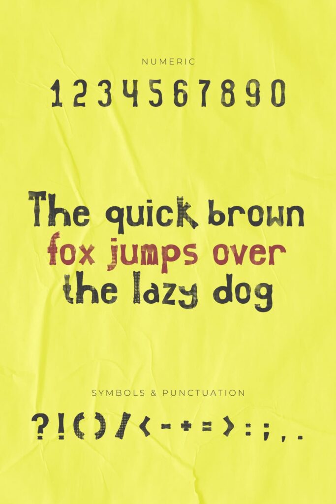 Rustic revolution free font Pinterest preview with numeric, symbols and pucntuation.
