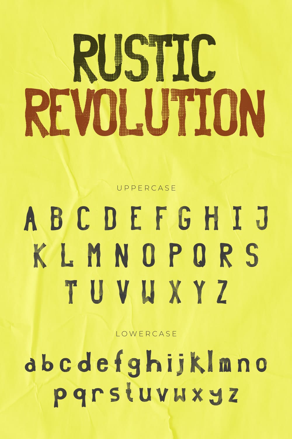 Rustic revolution free font Pinterest uppercase and lowercase preview.