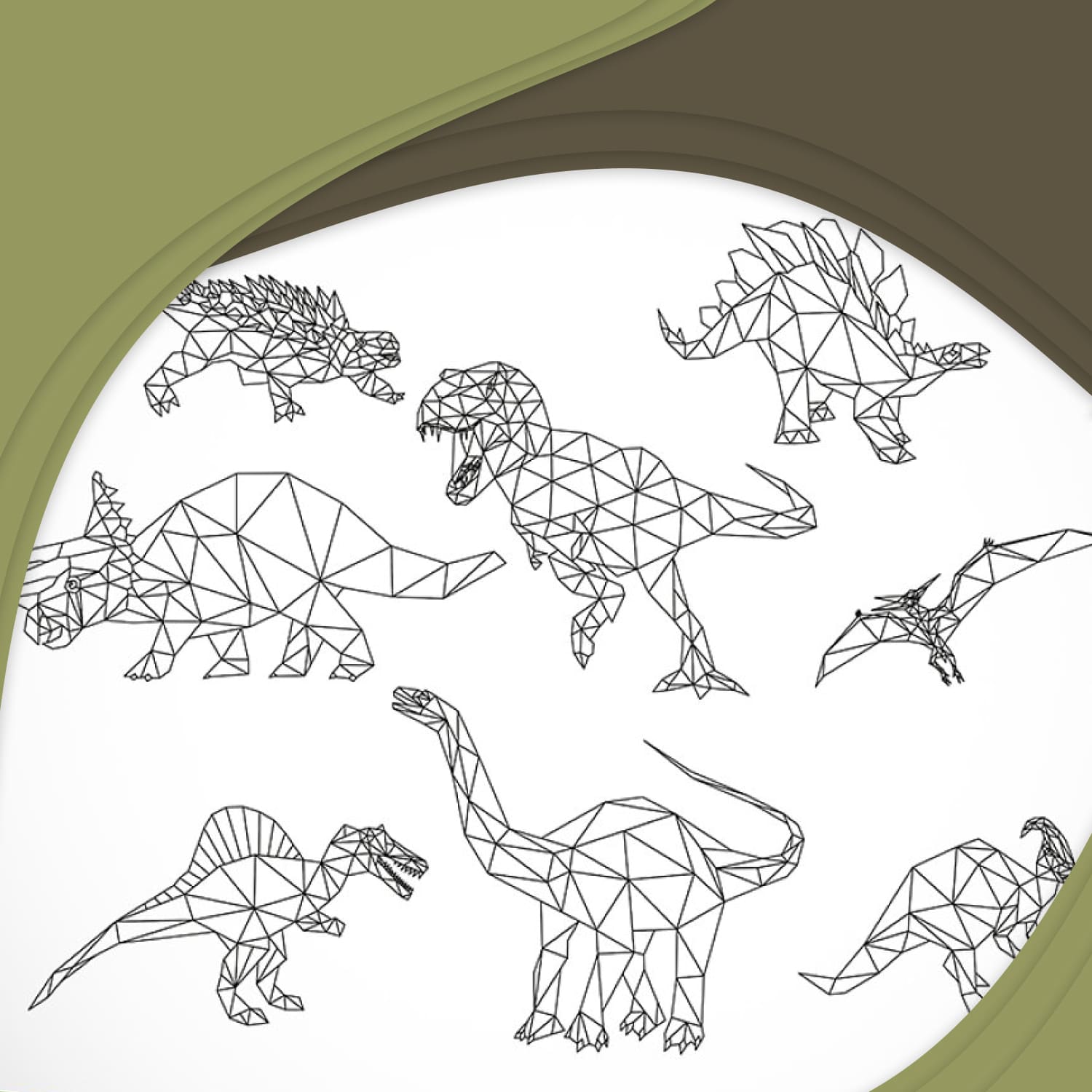set of 8 low poly dinosaurs illustrations.
