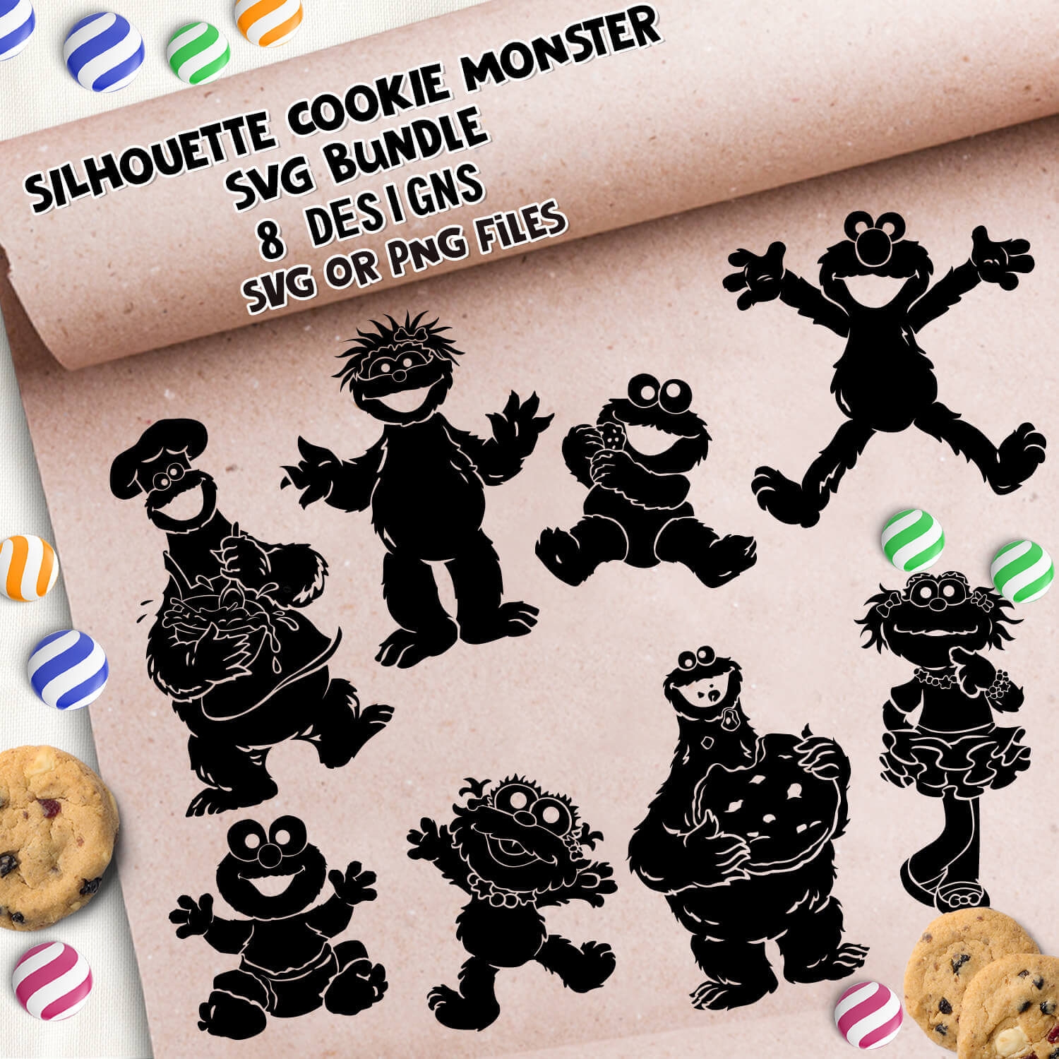 Silhouette Cookie Monster: SVG or PNG files.