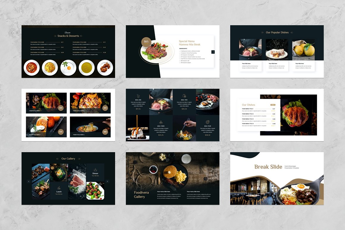 Preview slides on a variety of food.