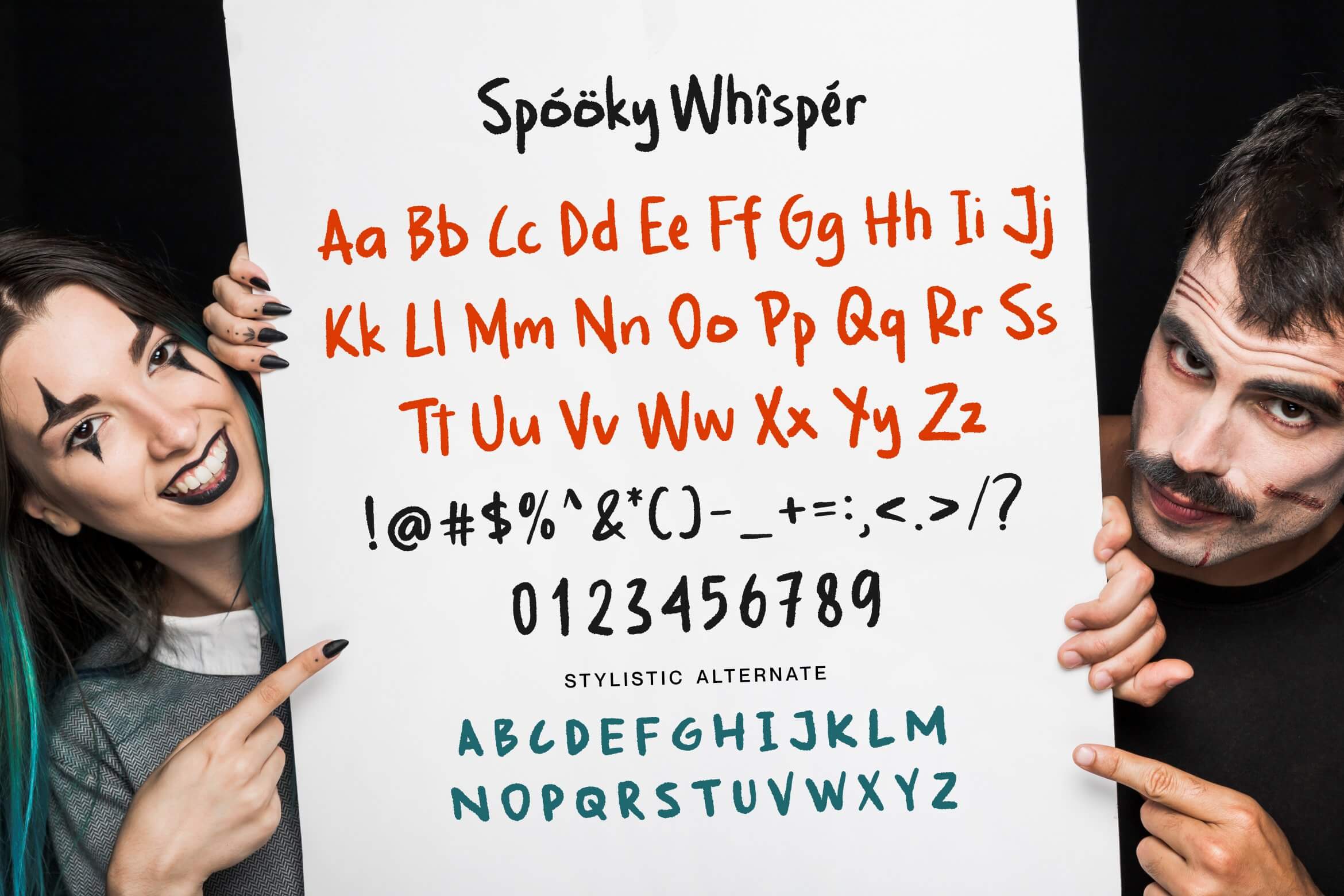 spooky whisper handdrawn textured font all symbols example.