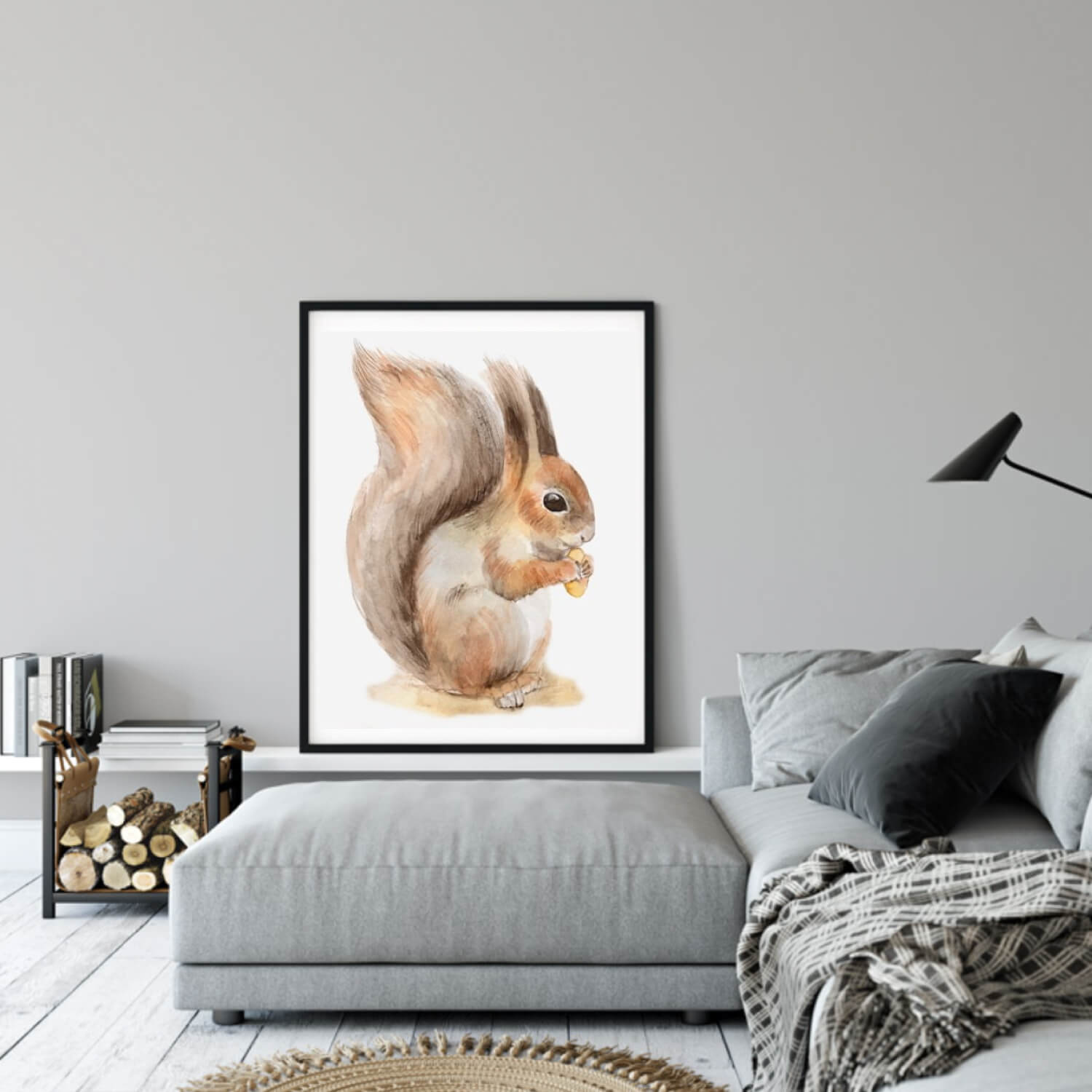 Painting of a squirrel in a gray tone room.