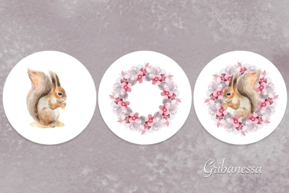 Round panel with a watercolor painted squirrel and a round wreath of flowers.