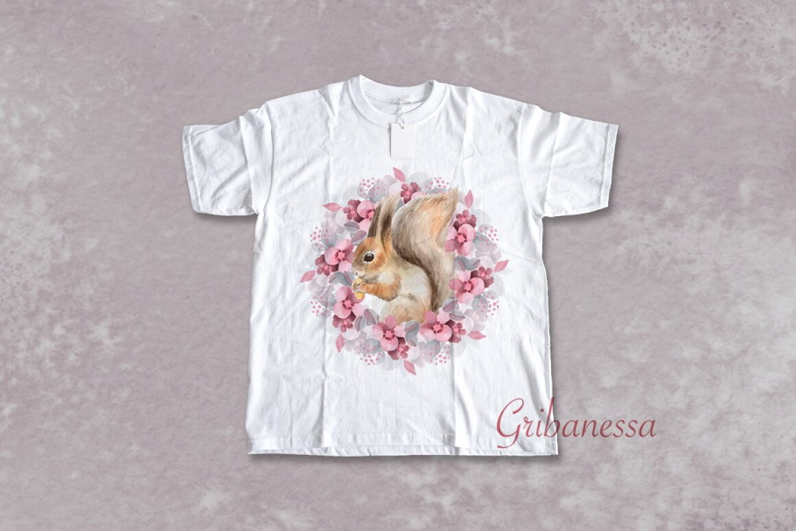 Painted squirrel in flowers on a white t-shirt.