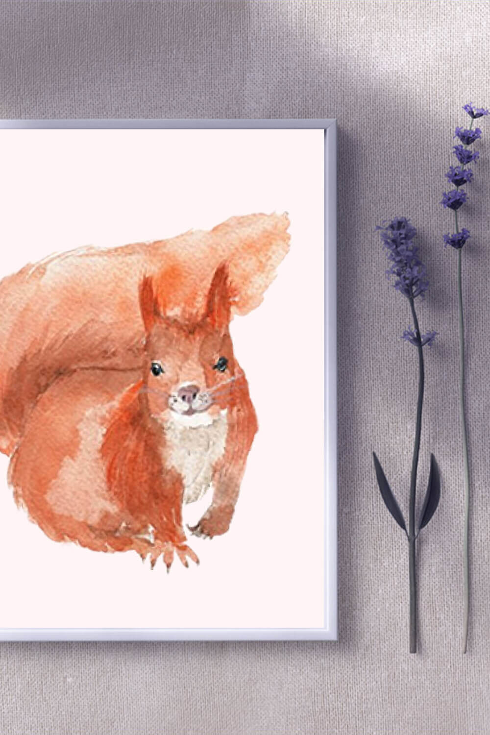 Red squirrel painted in watercolor on a painting with a white background.