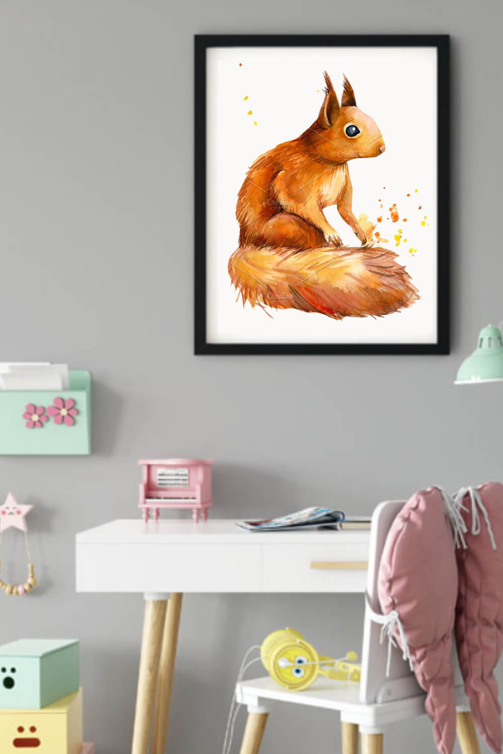 Painting of a red squirrel on a gray wall.