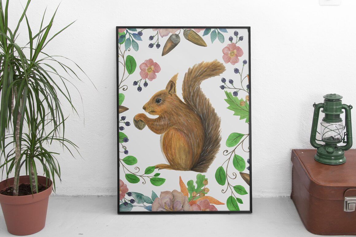 A squirrel with a fluffy tail drawn in a picture that stands between a flowerpot and a suitcase.