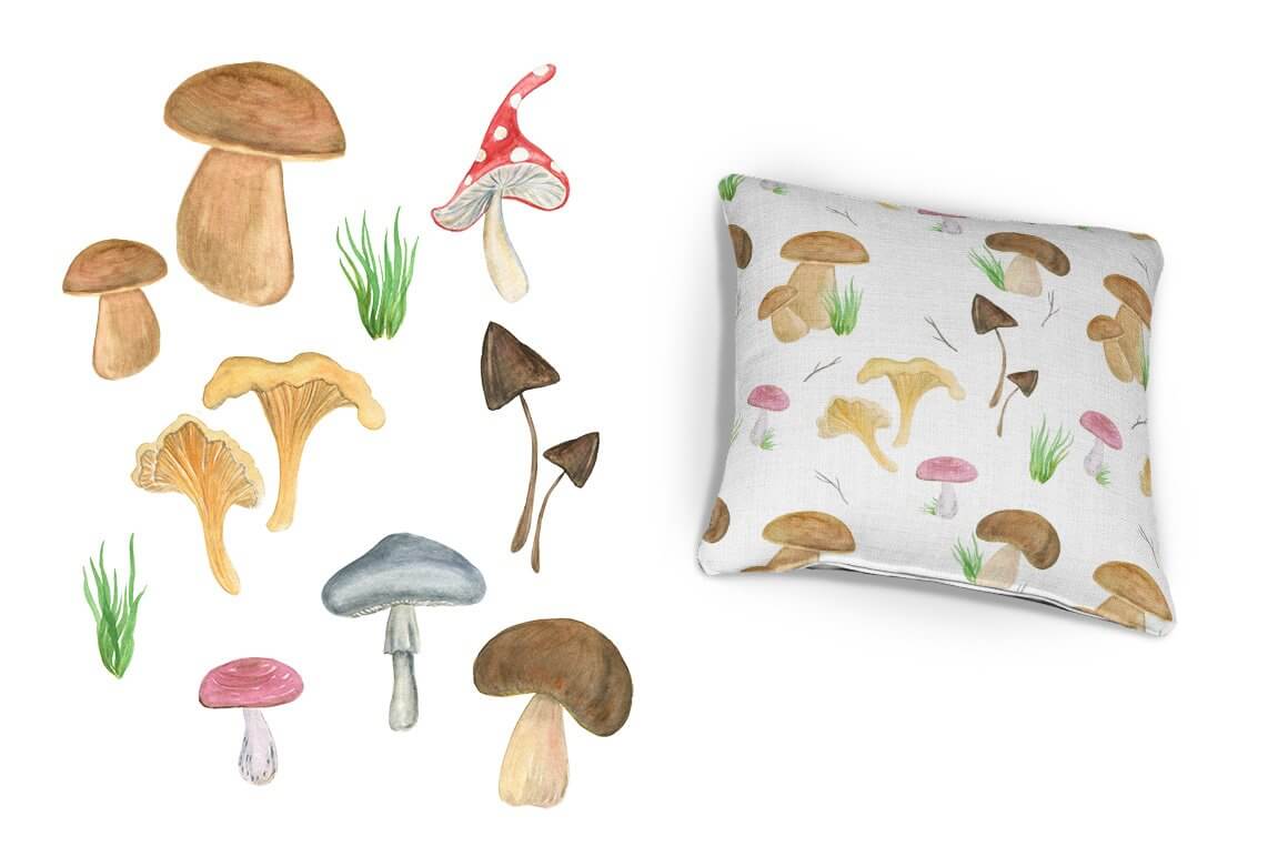 The pillow is printed with mushrooms, and to the left of the pillow there are many different types of mushrooms.