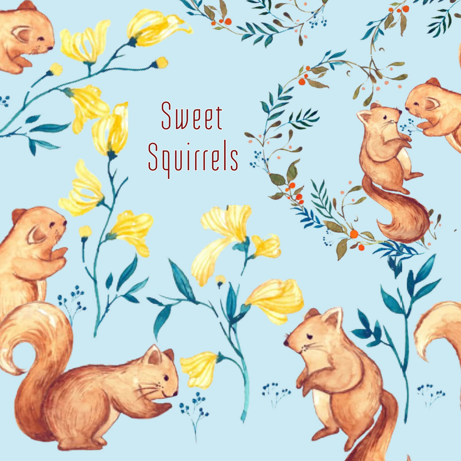 Many red smiling squirrels with yellow and other colors around on a blue background.