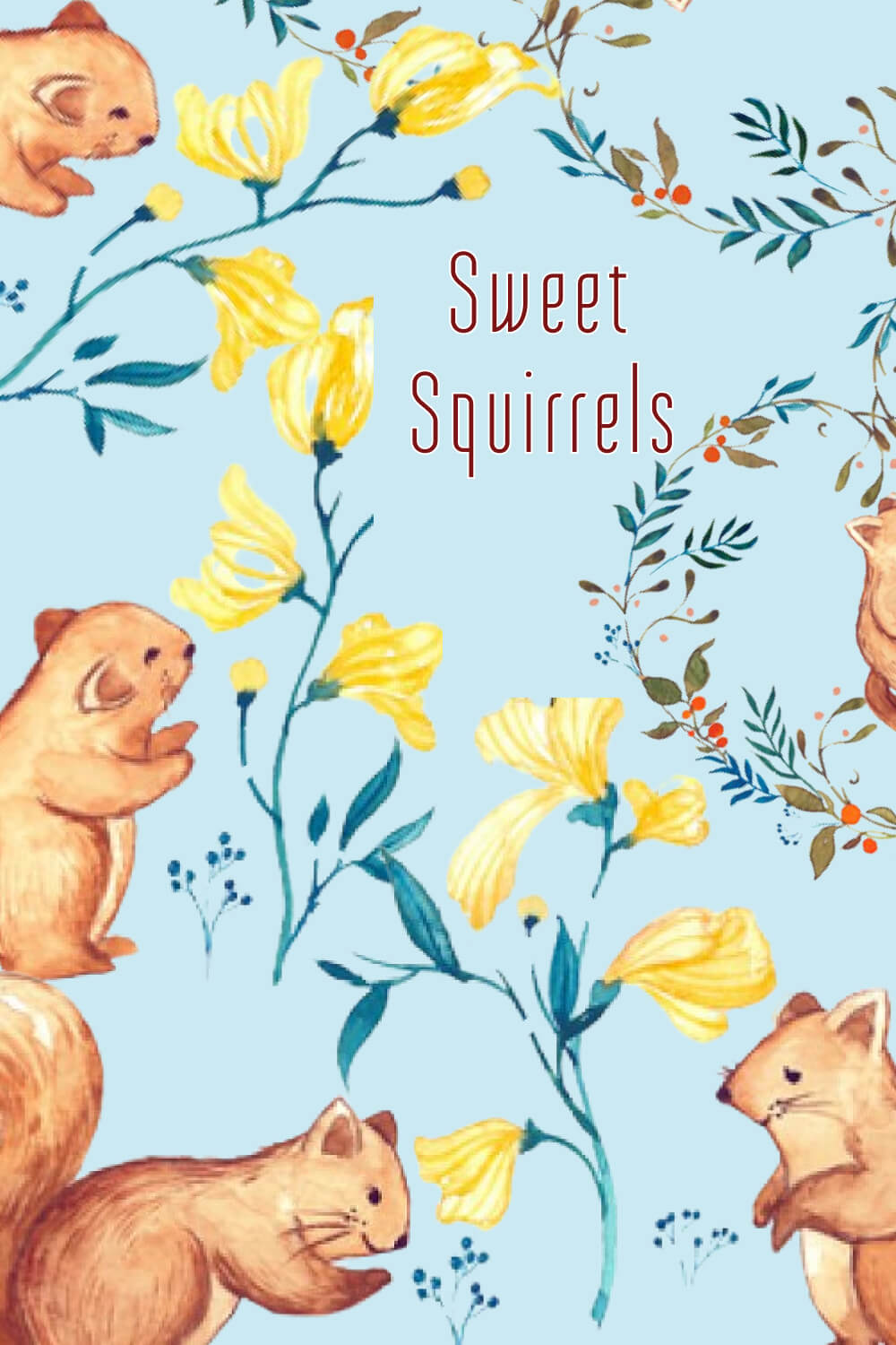 Watercolor painted sweet squirrels with plants on a blue background.