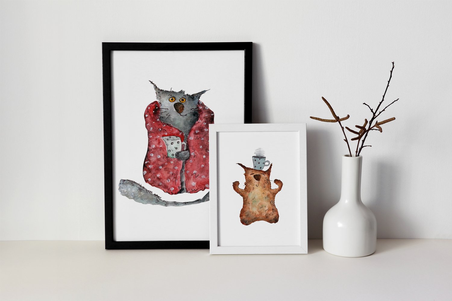 tea party with cute cats watercolor poster.