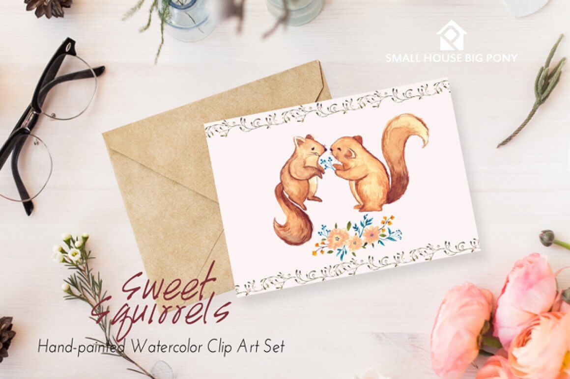 Two squirrels painted in watercolor on a white card.