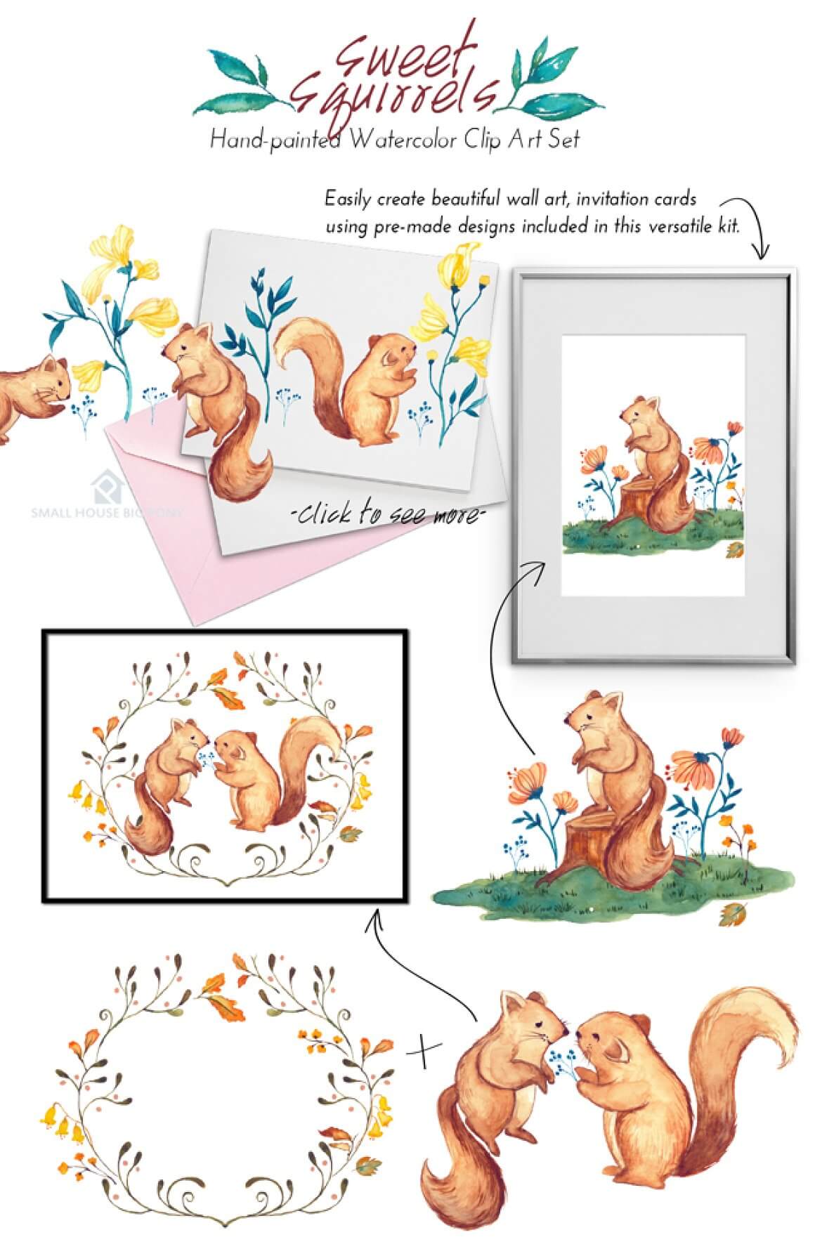Possibility to create any design of drawing with the help of separately drawn elements of squirrels, vegetable frames, flowers.