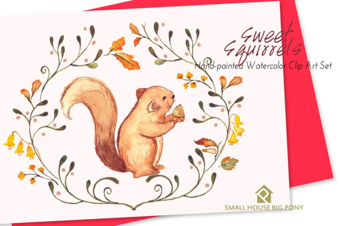 Painted in watercolor, a squirrel offers someone an acorn in its paws.