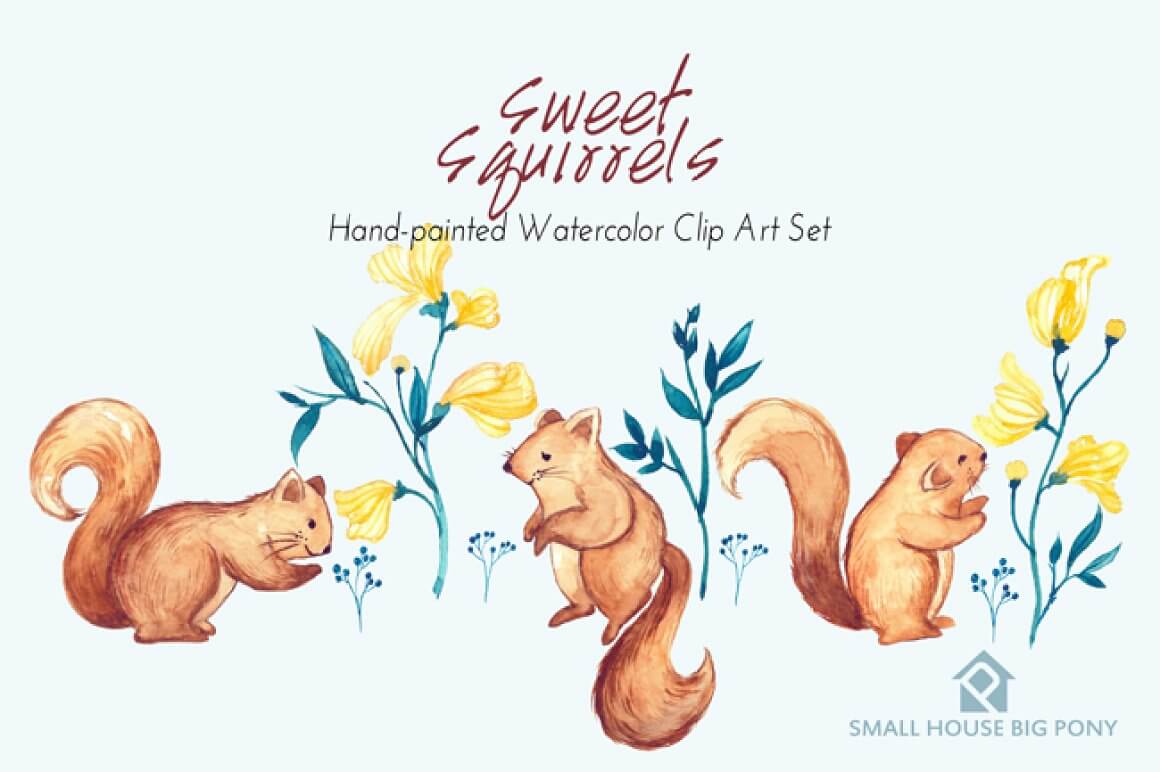 Three squirrels painted in watercolor, one is sniffing a flower, the second is looking at her, the third is looking at a large yellow flower.