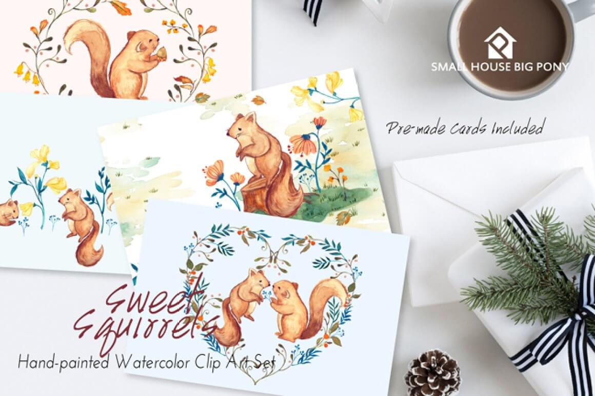 Different types of watercolor scenes with squirrels painted on postcards.