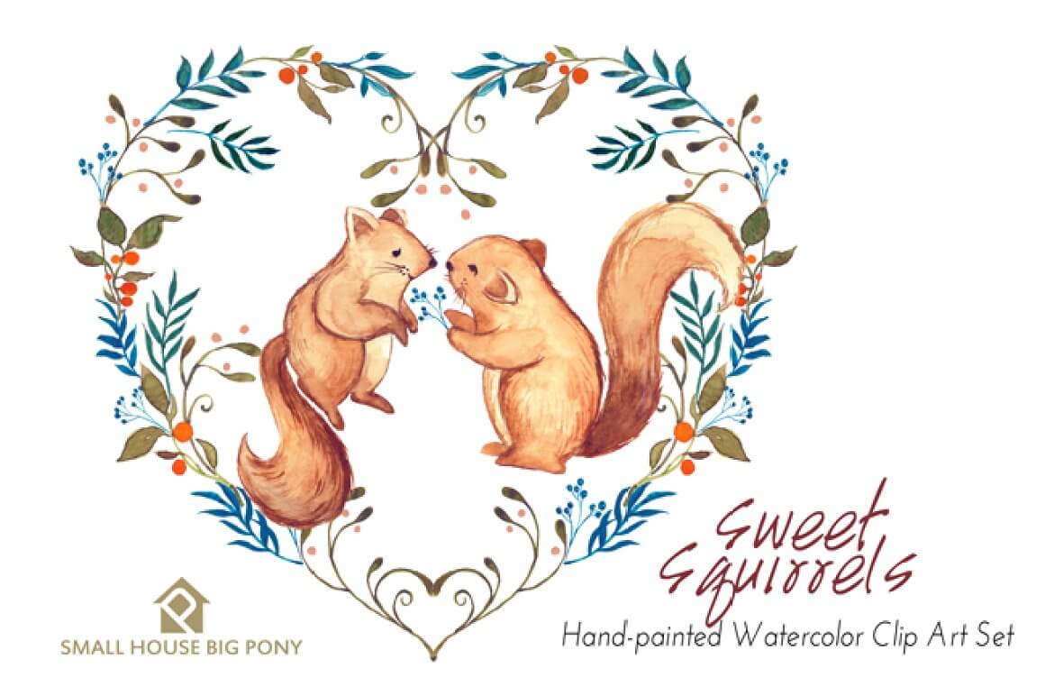 One squirrel passes a flower to another squirrel - the drawing is made in watercolor.