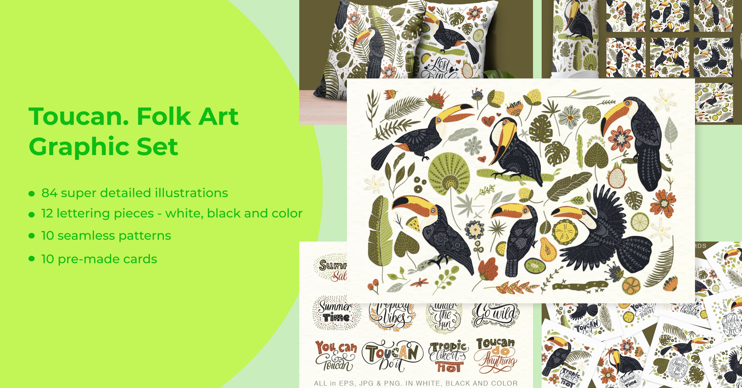 Toucan folk art graphic set.