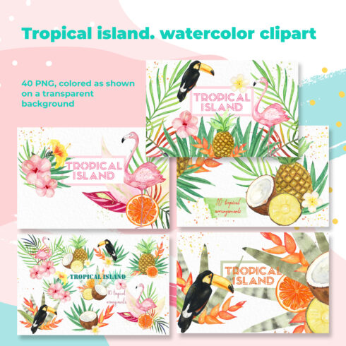 Tropical island watercolor clipart.