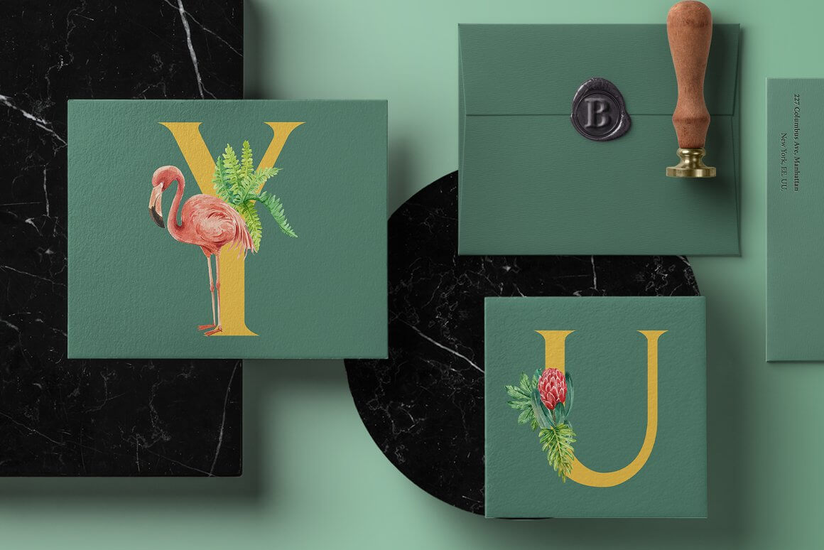 On cards of color of a sea wave the drawn letters decorated with tropical birds and plants.