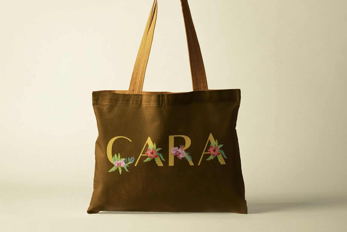 Bag with "Cara" lettering in a tropical design.