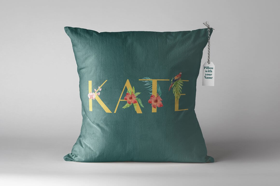 Pillowcase with Kate lettering in a tropical design.