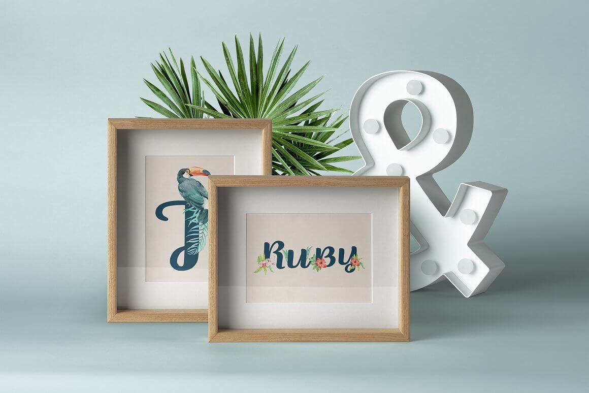 Beige frames with different inscriptions with a tropical design on a light blue background.