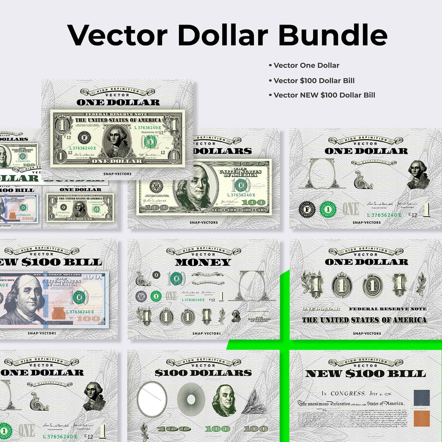 Vector Dollar Bundle, Vector $100 Dollar Bill.