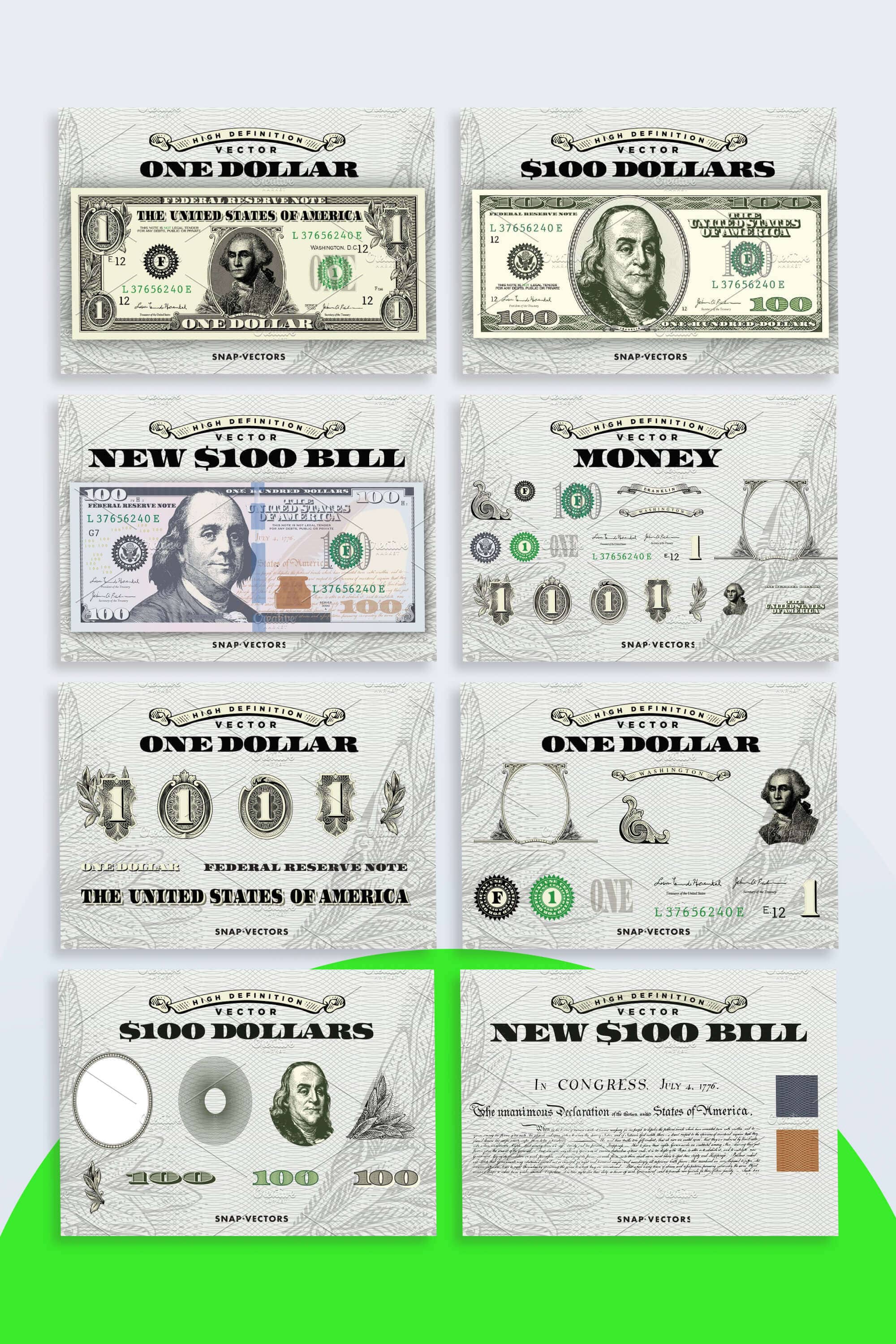 Collection of different drawings of US dollars.