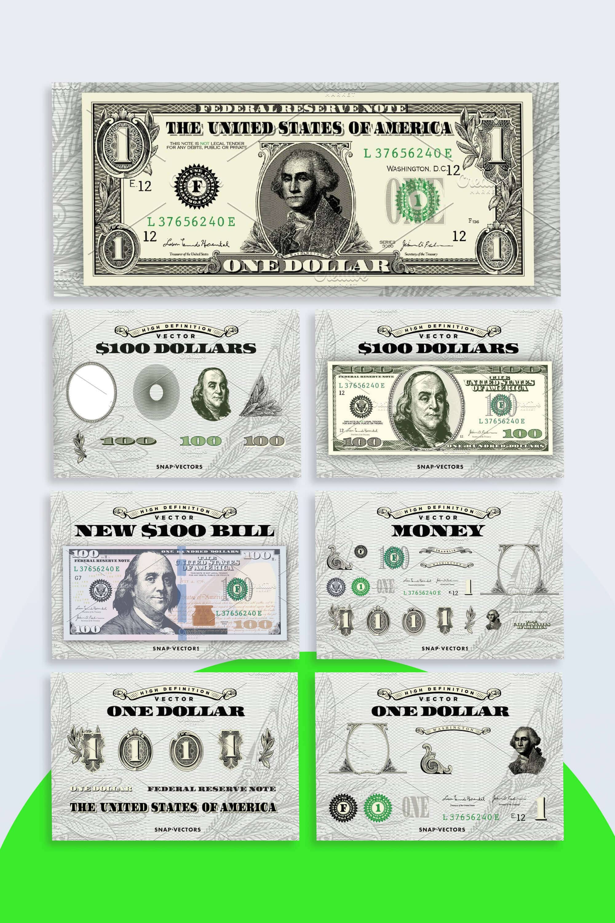 Collection of different drawings of US dollars on gray with light green background.