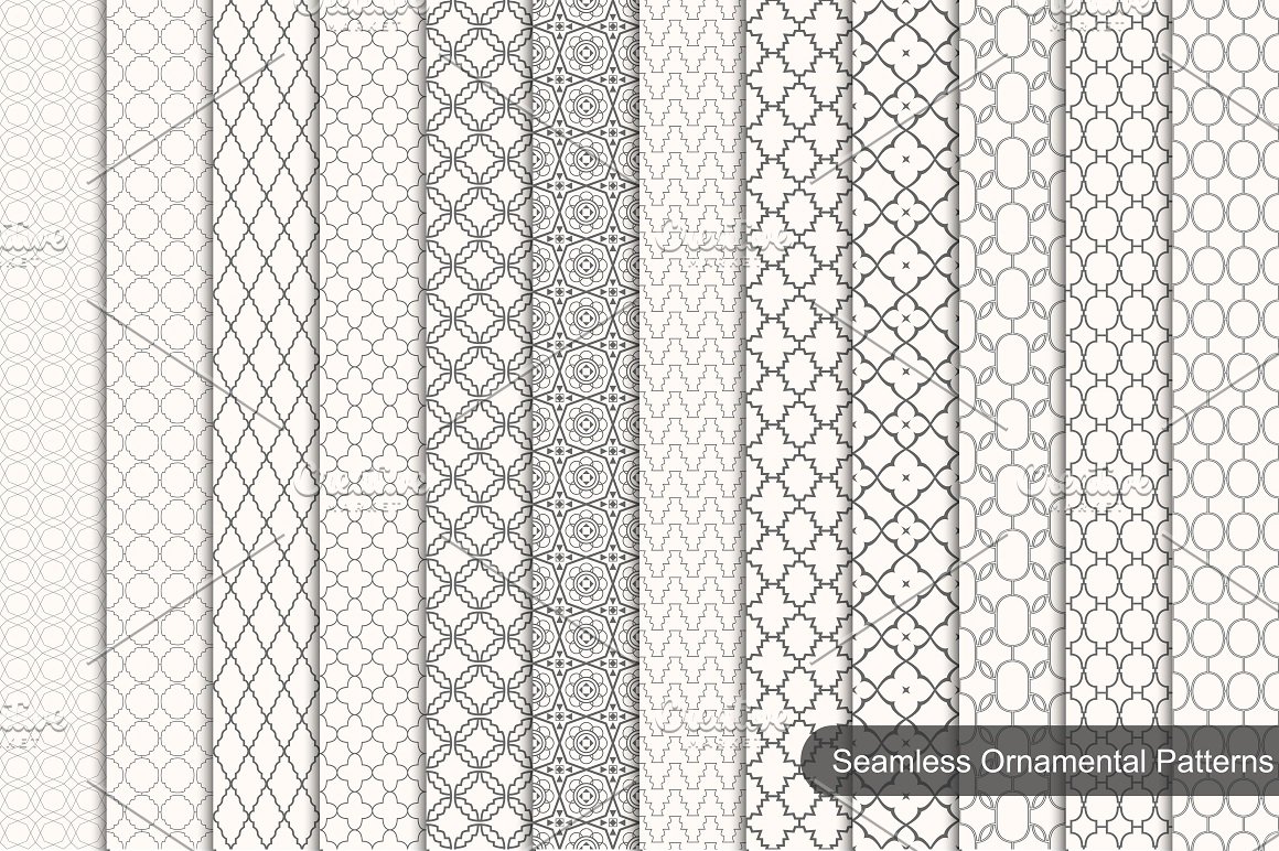 Vintage collection of seamless ornamental patterns white and grey.
