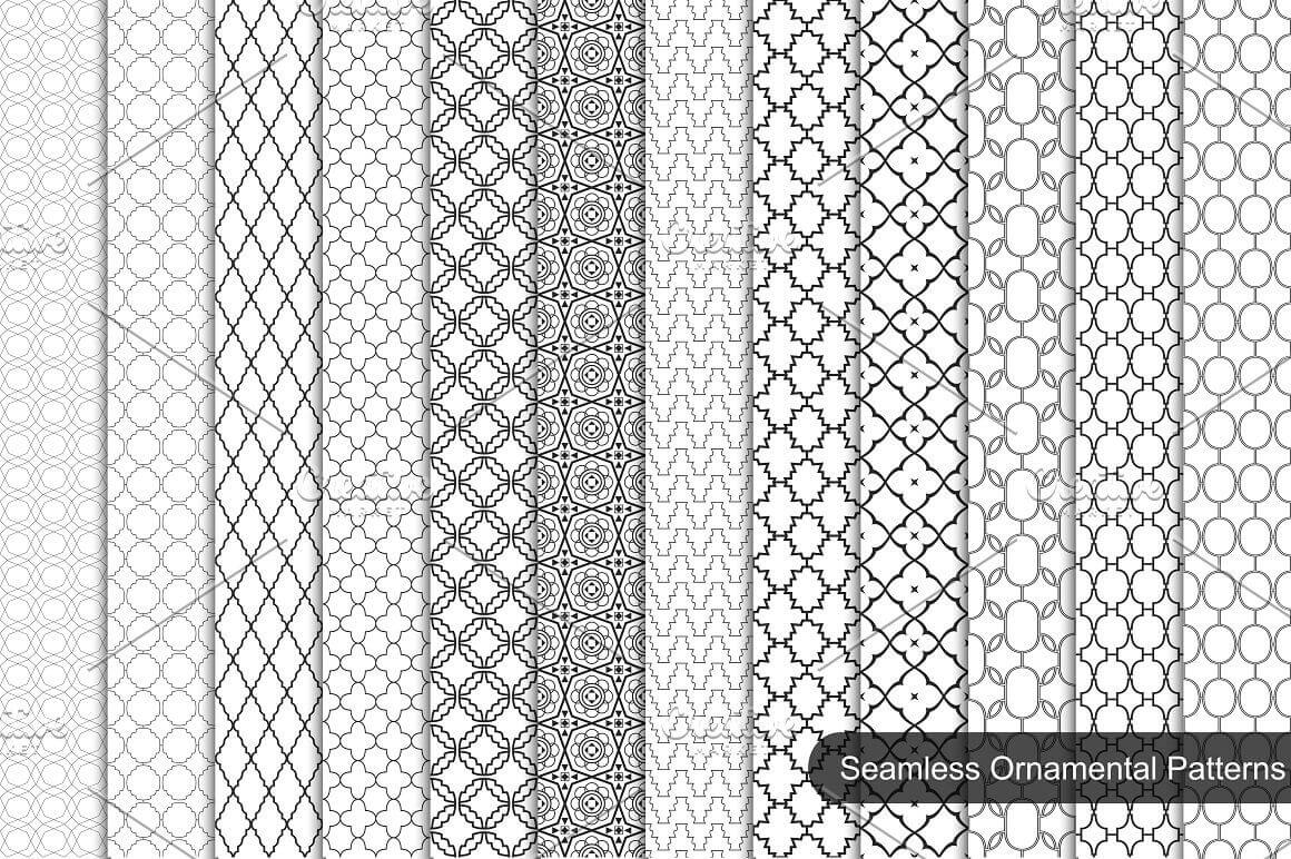 Vintage Collection of Seamless Ornamental Patterns Black and White.