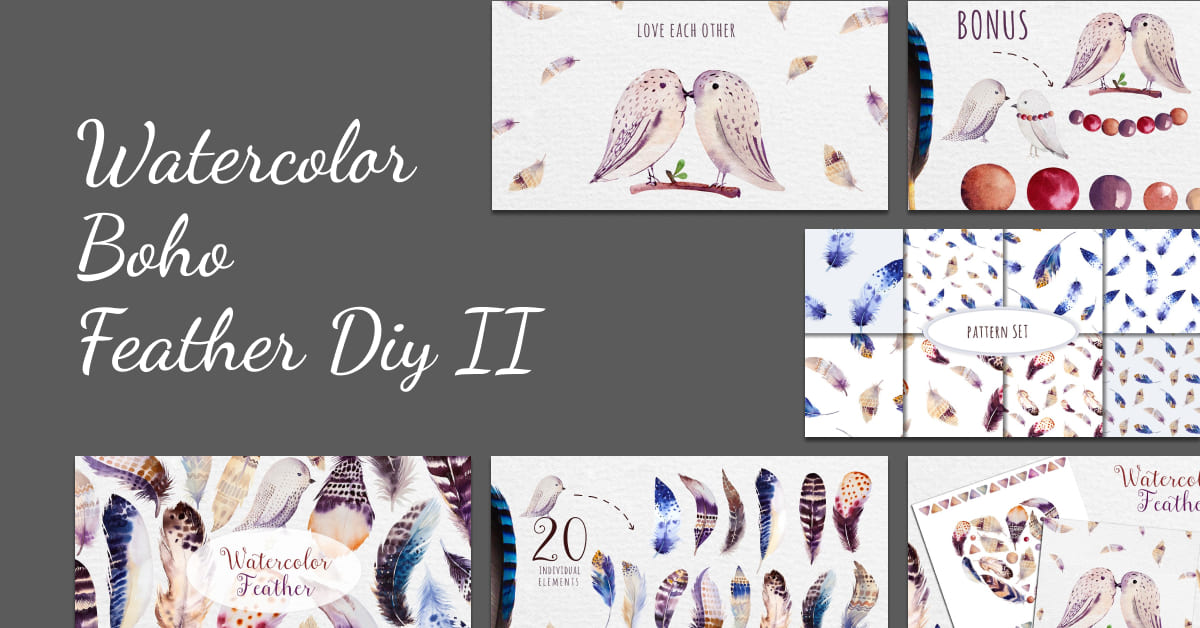 watercolor boho feather collection.