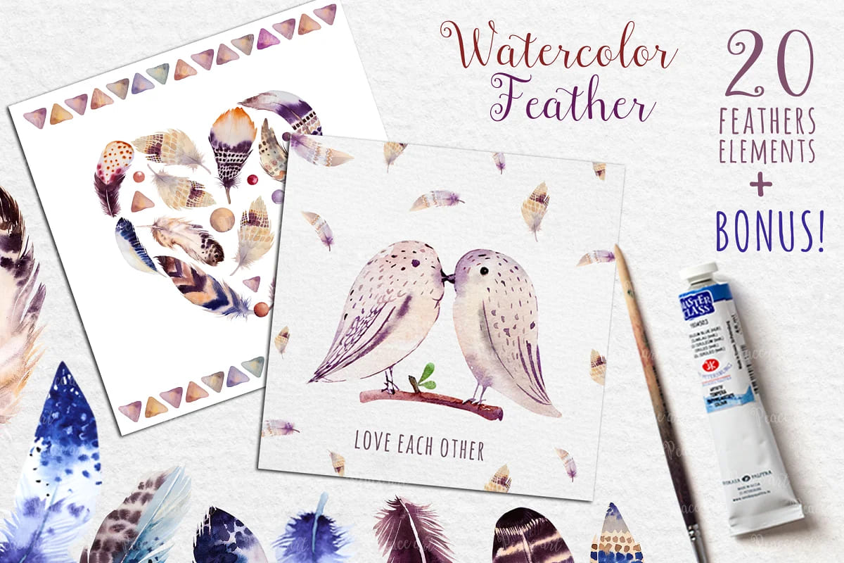 watercolor boho feather graphics set.