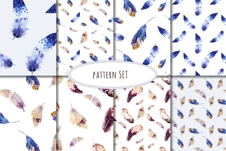 watercolor boho feather patterns.