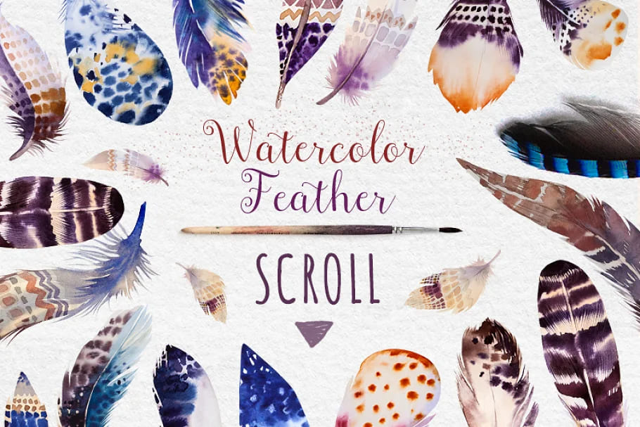 watercolor boho feather clipart collection.
