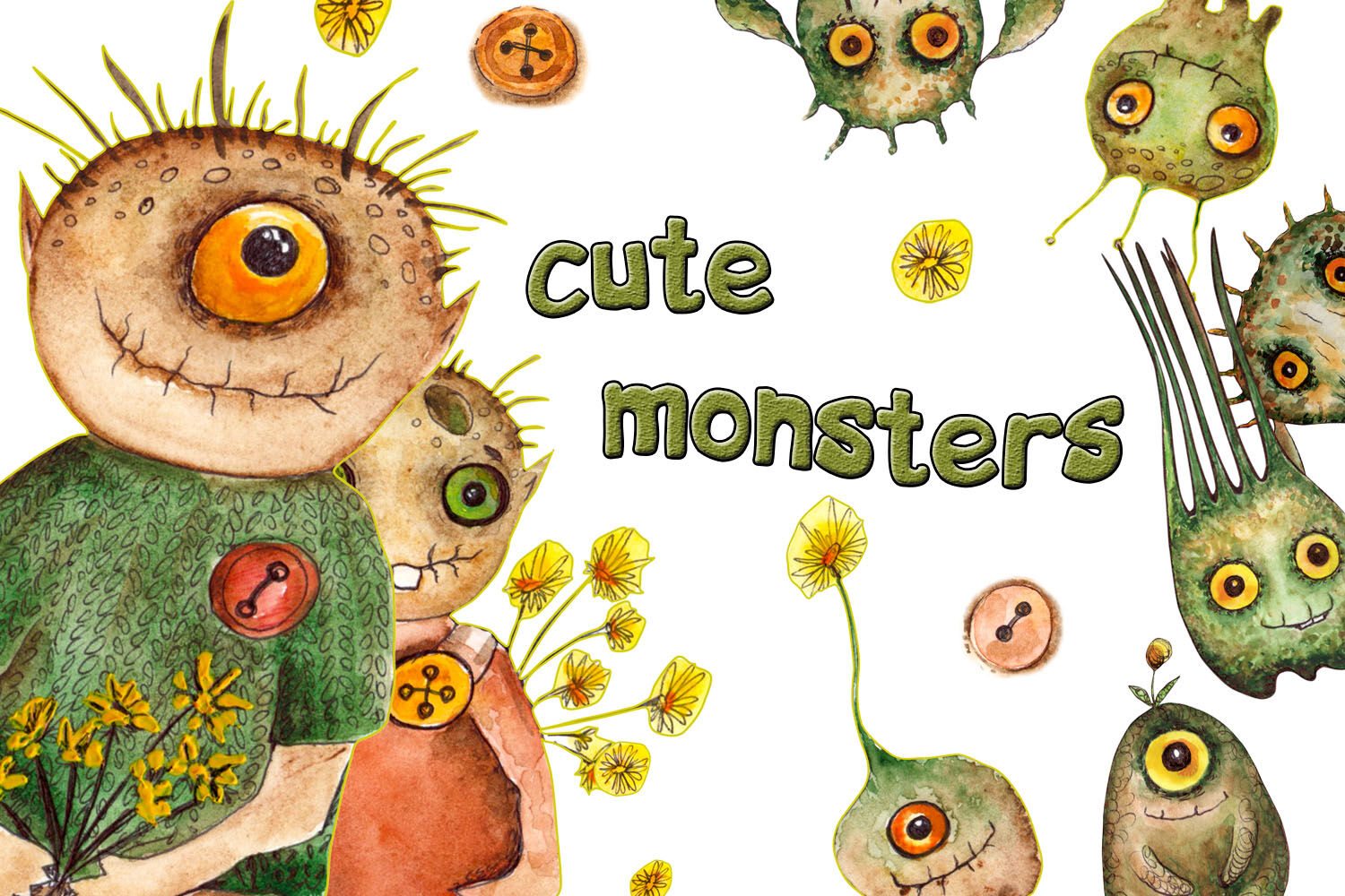 watercolor collection of cute monsters