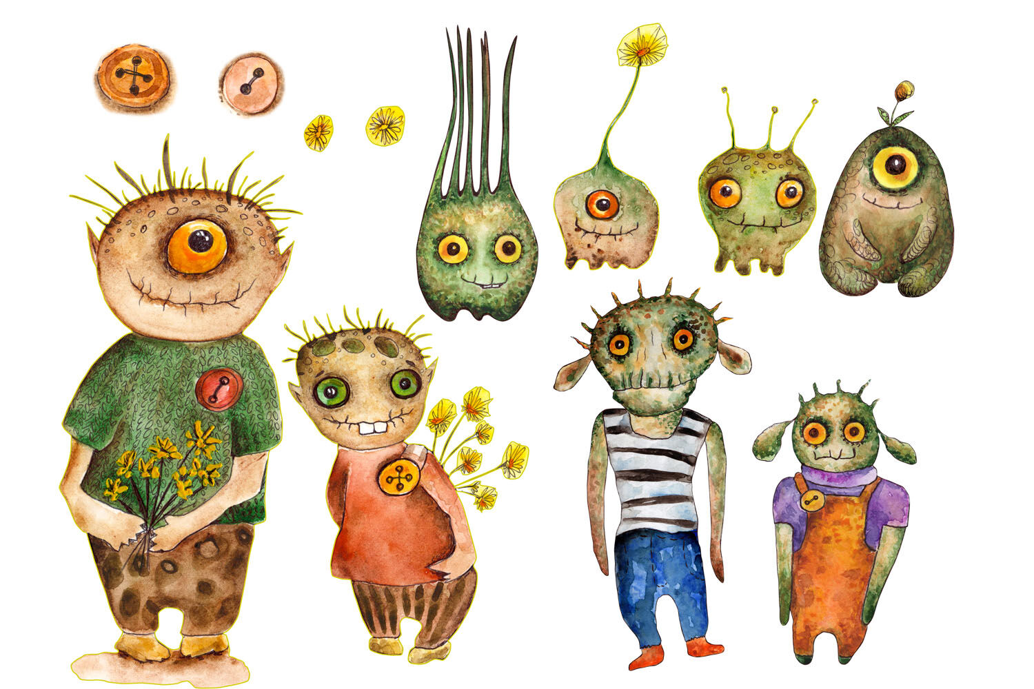 watercolor collection of cute monsters1
