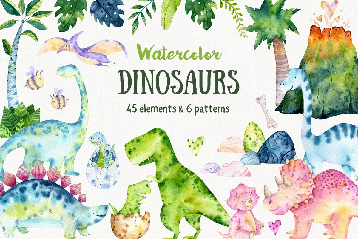 Watercolor Dinosaur Clipart facebook image.