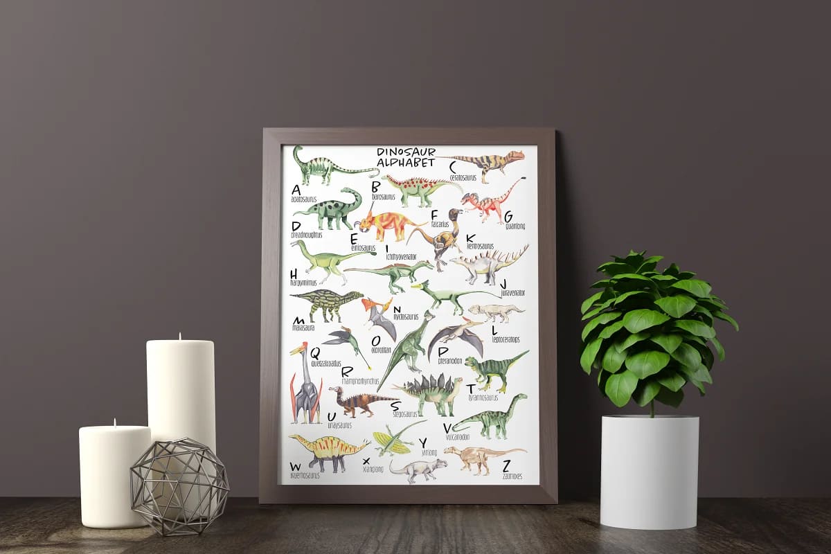 watercolor dinosaur set, poster mockup.