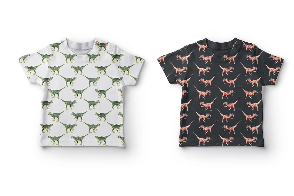watercolor dinosaur set, t-shirts mockup.