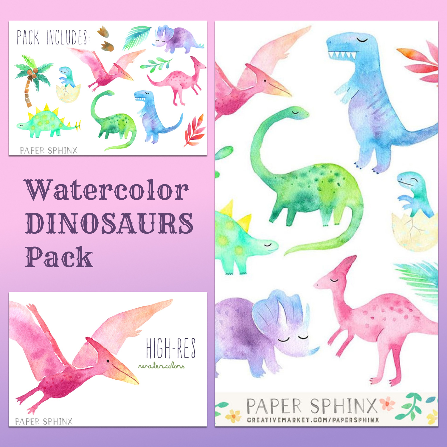 Watercolor Dinosaurs Hand Painted Graphics Pack cover image.