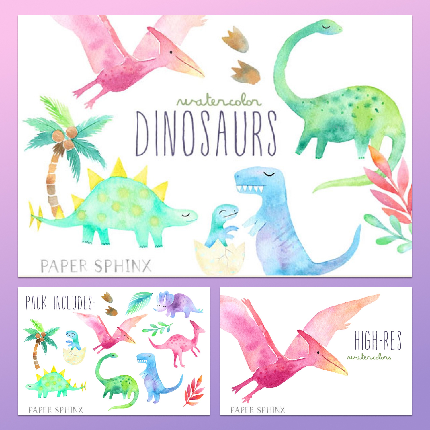 Watercolor Dinosaurs Hand Painted Graphics Pack preview image.